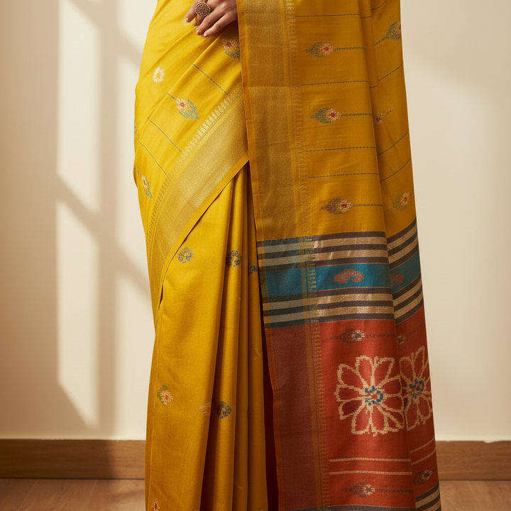 KUBERAN MUSTARD WITH PINK BISHNUPURI SOFT SILK SAREE