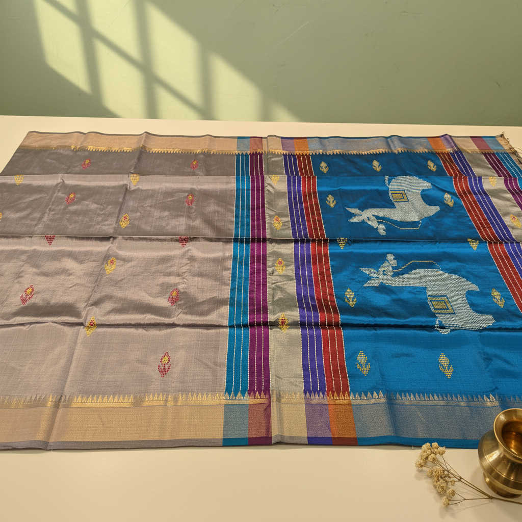 KUBERAN GREY WITH BLUE BISHNUPURI SOFT SILK SAREE