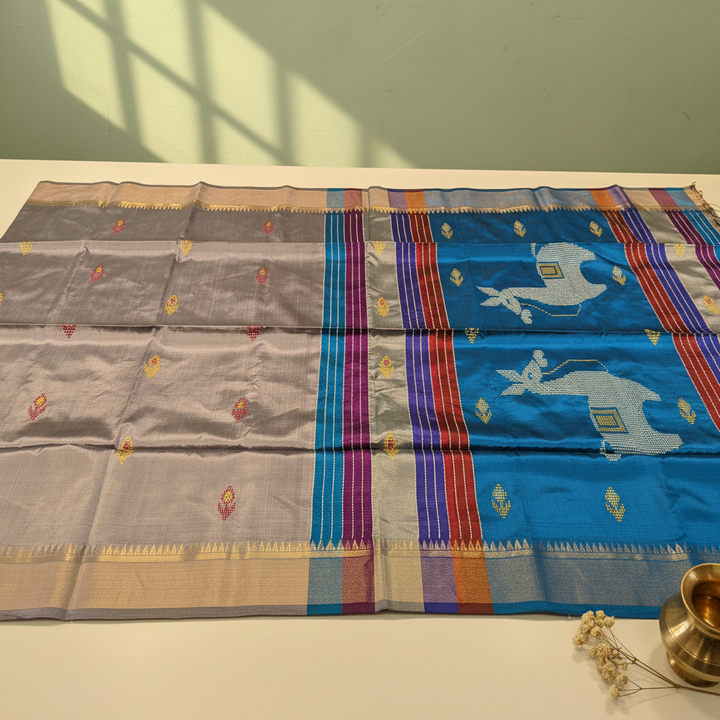 KUBERAN GREY WITH BLUE BISHNUPURI SOFT SILK SAREE