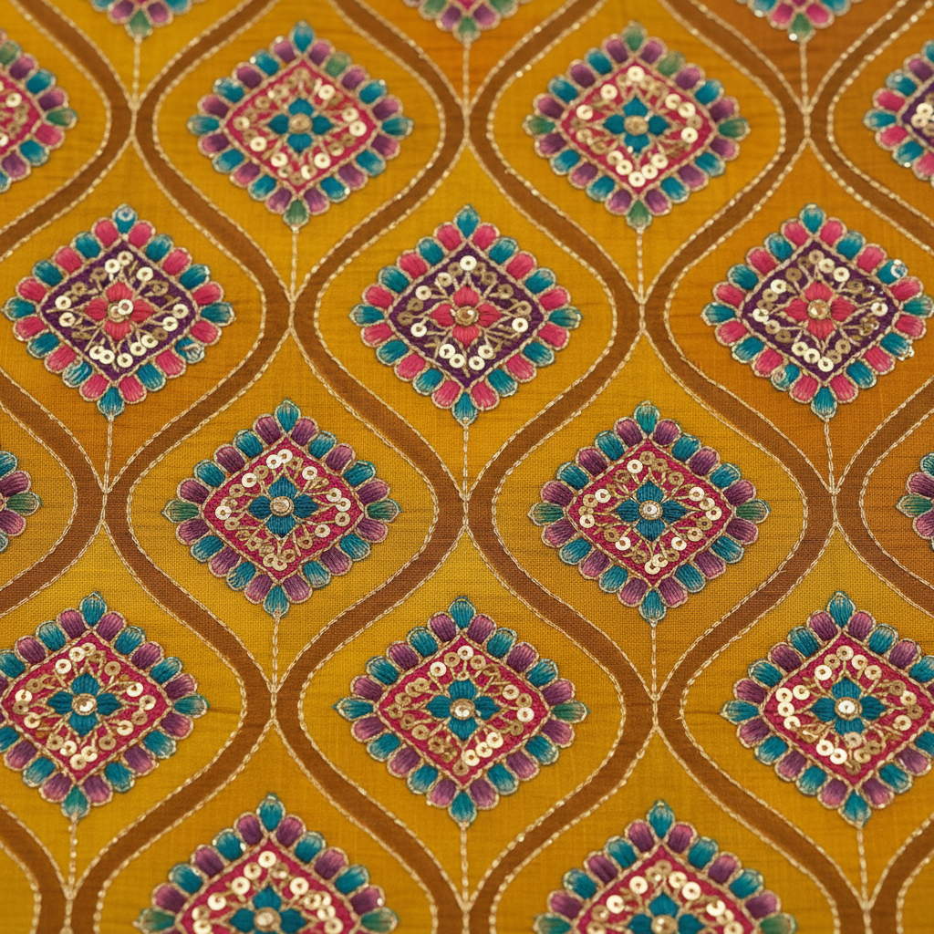 Body close-up - ogee lattice embroidery with sequin work