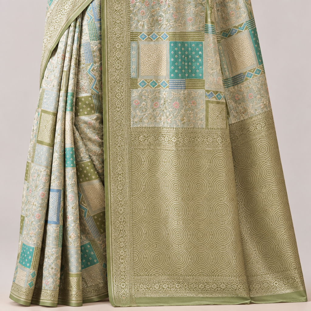 KUBERAN WHITE WITH GREEN BANARAS GEORGETTE SAREE