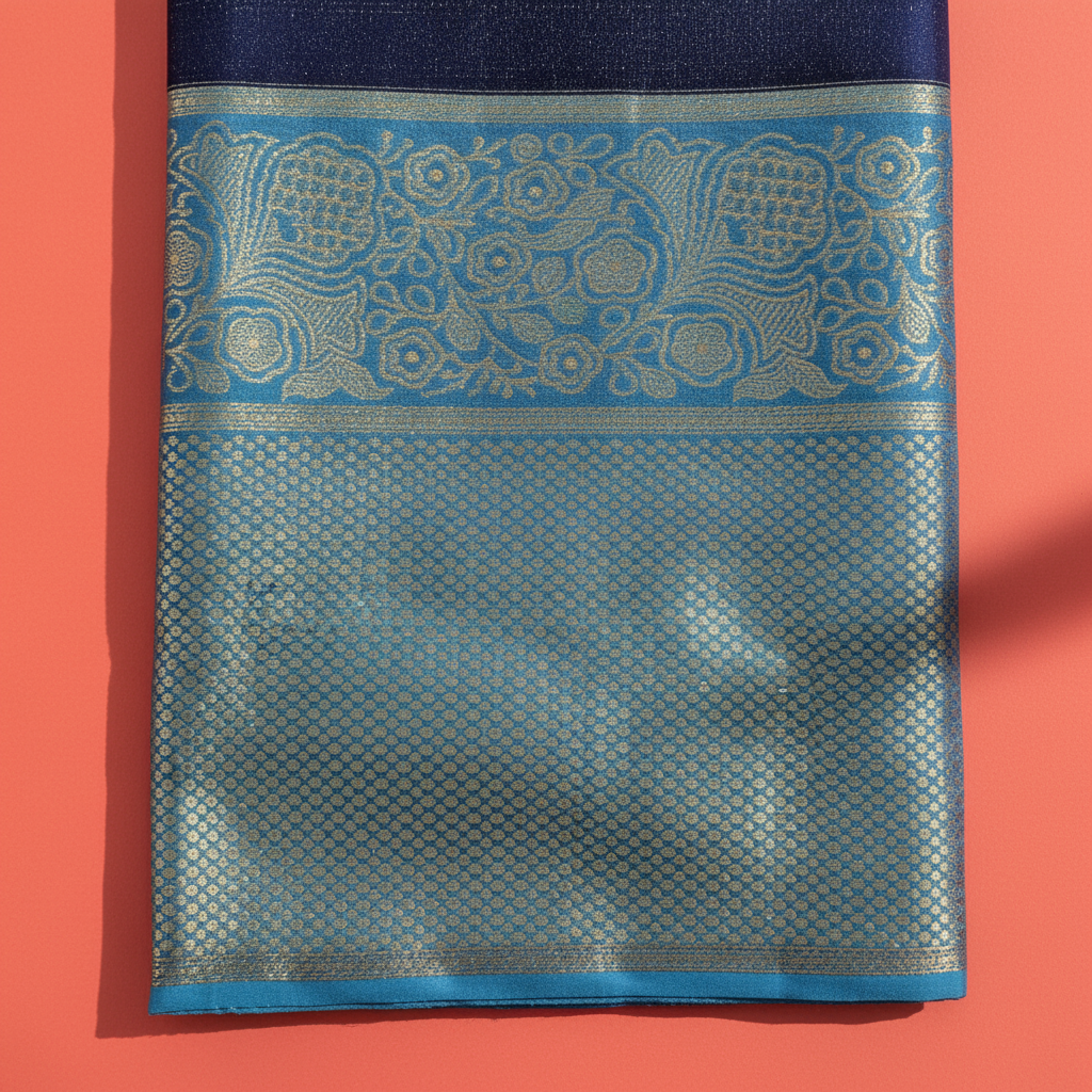 Kuberan  Midnight Navy Blue with Silver Zari Stripe Body & Teal Gold Zari border Kanchipuram Silk Saree