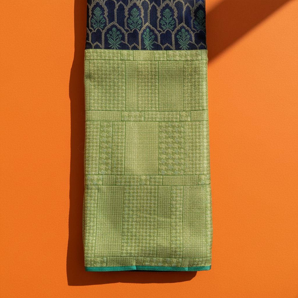 kuberan Navy Blue with Teal Floral Arch Butta & Lime Green Kanchipuram Silk Saree