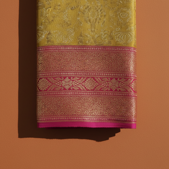 Kuberan  Chartreuse Yellow-Green with All-Over Gold Zari Temple Iconography Jaal & Broad Magenta Zari BorderKanchipuram Silk Saree