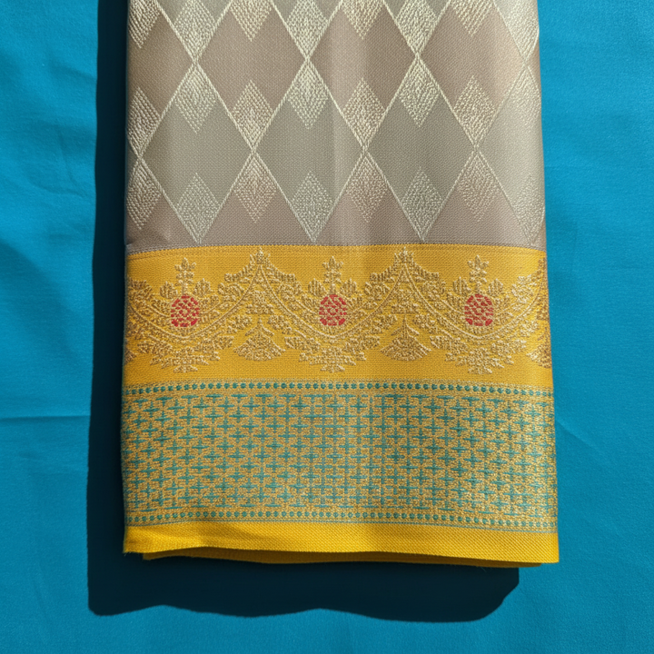 kuberan Kanchipuram Silk Saree - Silver Grey Diamond Weave with Yellow Zari Border & Red Floral Motif