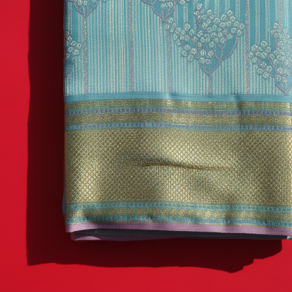 Kuberan Sky Blue with silver Floral Tree Butta & Broad Gold Zari Border Kanchipuram Silk Saree