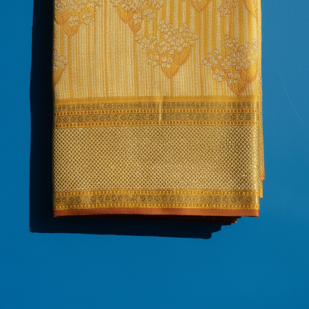 Kuberan Sunshine Yellow with All-Over Gold Zari Pinstripe, Large Floral Tree Butta & Broad Gold Zari Diamond Grid BorderKanchipuram Silk Saree