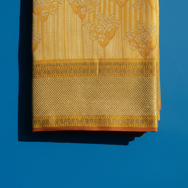 Kuberan Sunshine Yellow with All-Over Gold Zari Pinstripe, Large Floral Tree Butta & Broad Gold Zari Diamond Grid BorderKanchipuram Silk Saree