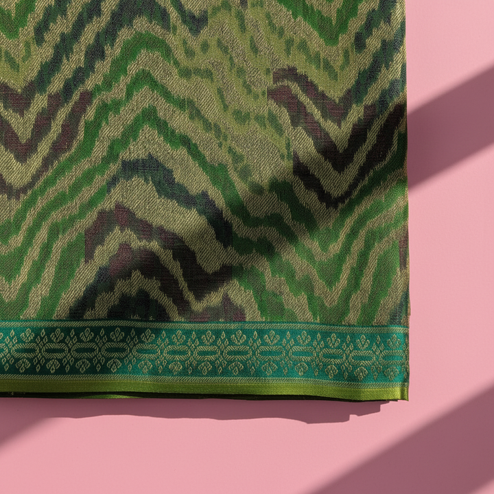 Kuberan  Forest Green with All-Over Gold Zari Chevron Flame Weave & Teal Floral Border Kanchipuram Silk Saree