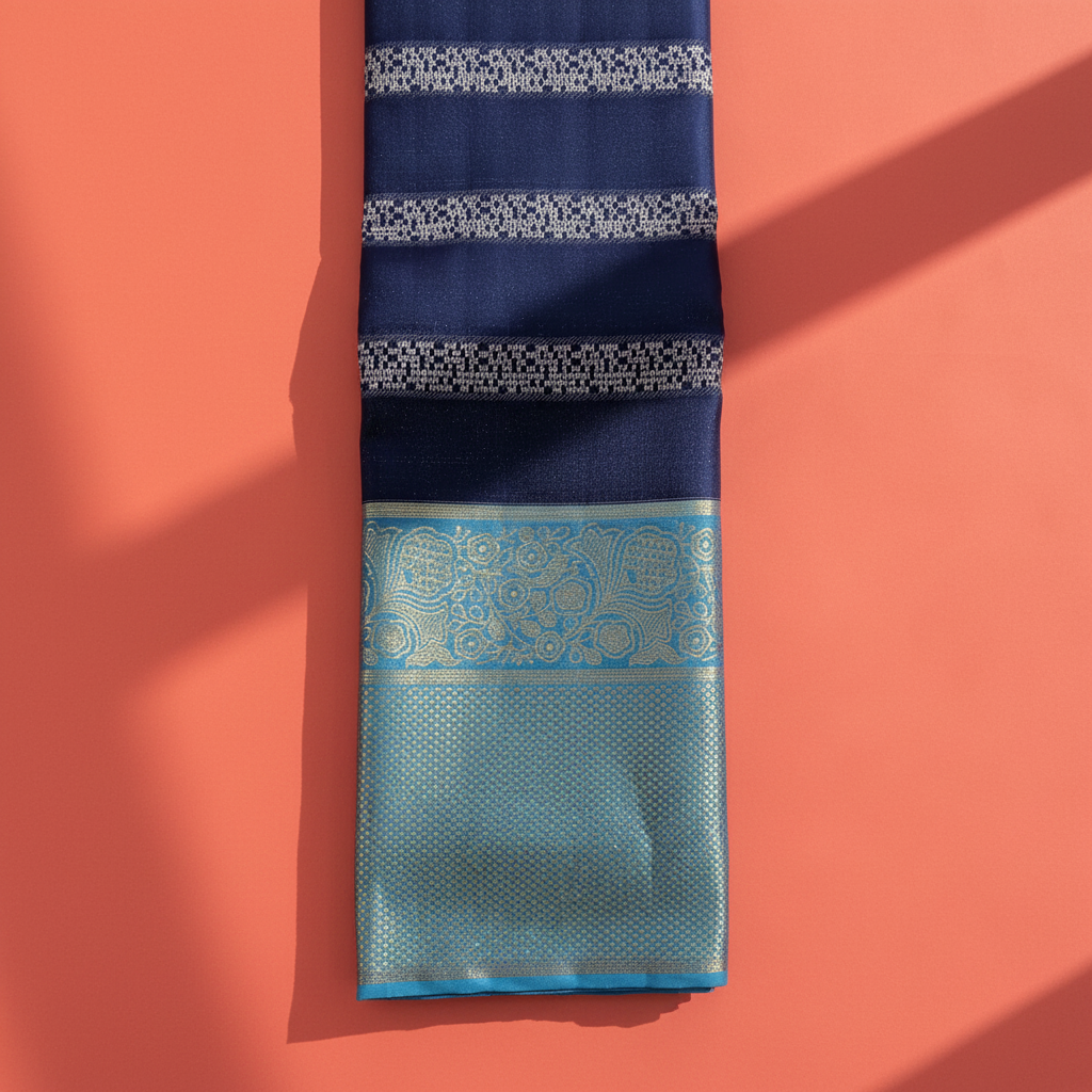 Kuberan  Midnight Navy Blue with Silver Zari Stripe Body & Teal Gold Zari border Kanchipuram Silk Saree