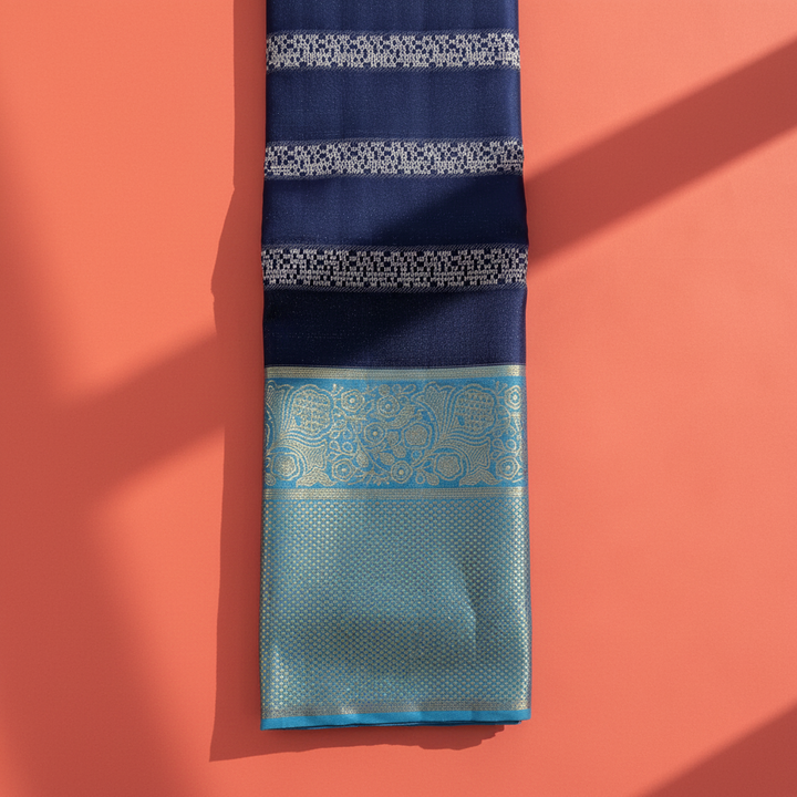 Kuberan  Midnight Navy Blue with Silver Zari Stripe Body & Teal Gold Zari border Kanchipuram Silk Saree