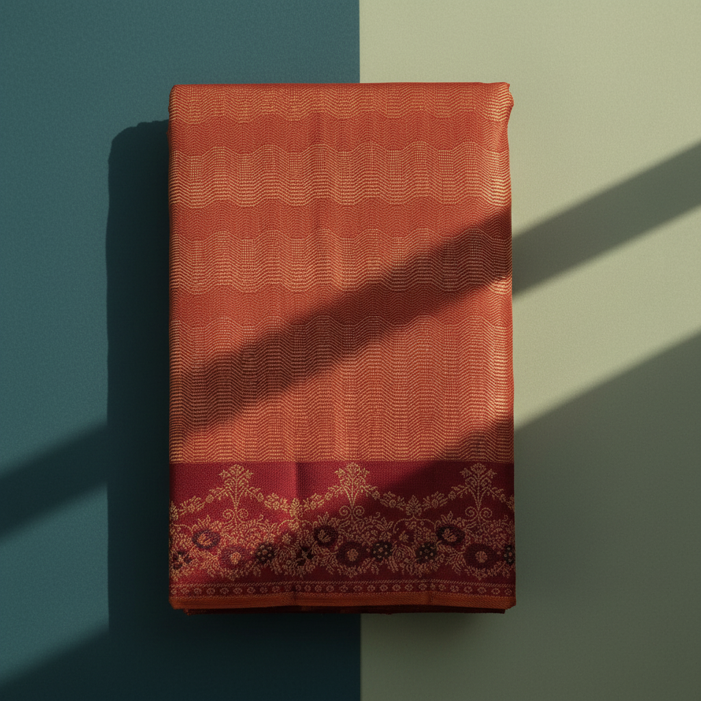 kuberan Terracotta Kanchipuram Silk Saree with Gold Zari Wave Weave & Maroon Floral Vine Border