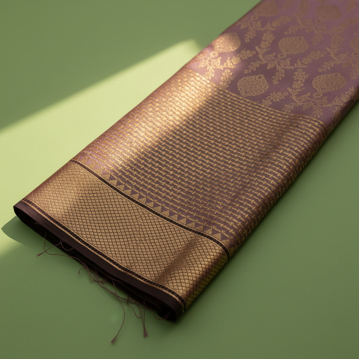 Kuberan  Mauve Lilac with All-Over Gold Zari Floral  Butta & Broad Antique Gold Zari Border Kanchipuram Silk Saree