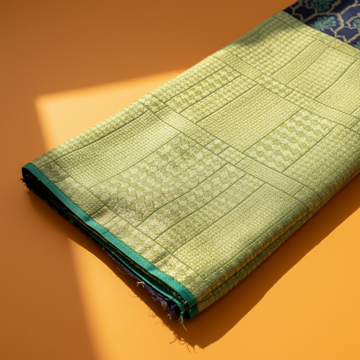 kuberan Navy Blue with Teal Floral Arch Butta & Lime Green Kanchipuram Silk Saree
