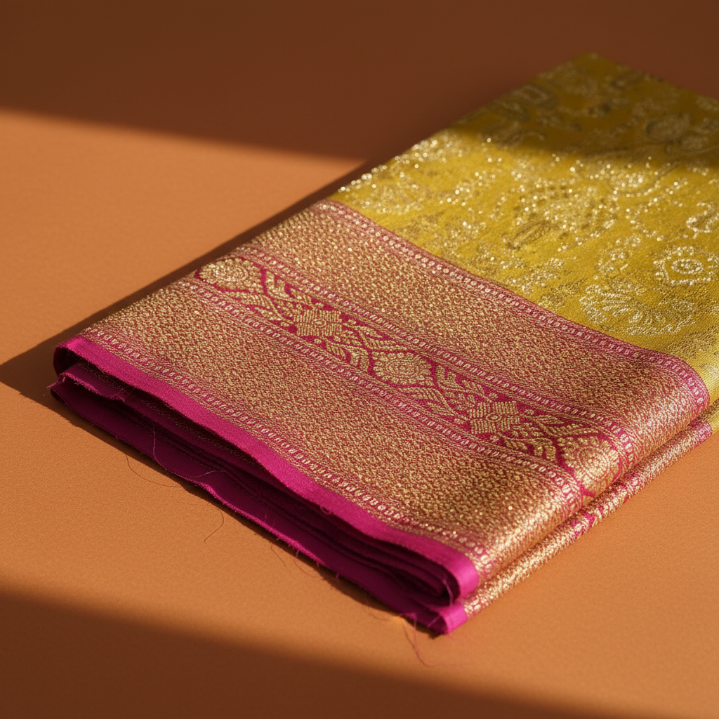 Kuberan  Chartreuse Yellow-Green with All-Over Gold Zari Temple Iconography Jaal & Broad Magenta Zari BorderKanchipuram Silk Saree