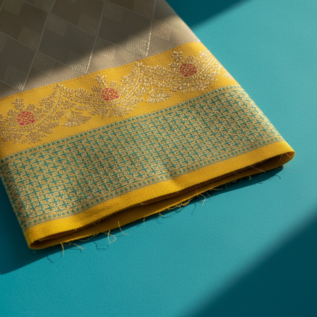 kuberan Kanchipuram Silk Saree - Silver Grey Diamond Weave with Yellow Zari Border & Red Floral Motif