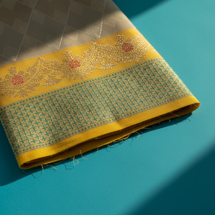 kuberan Kanchipuram Silk Saree - Silver Grey Diamond Weave with Yellow Zari Border & Red Floral Motif