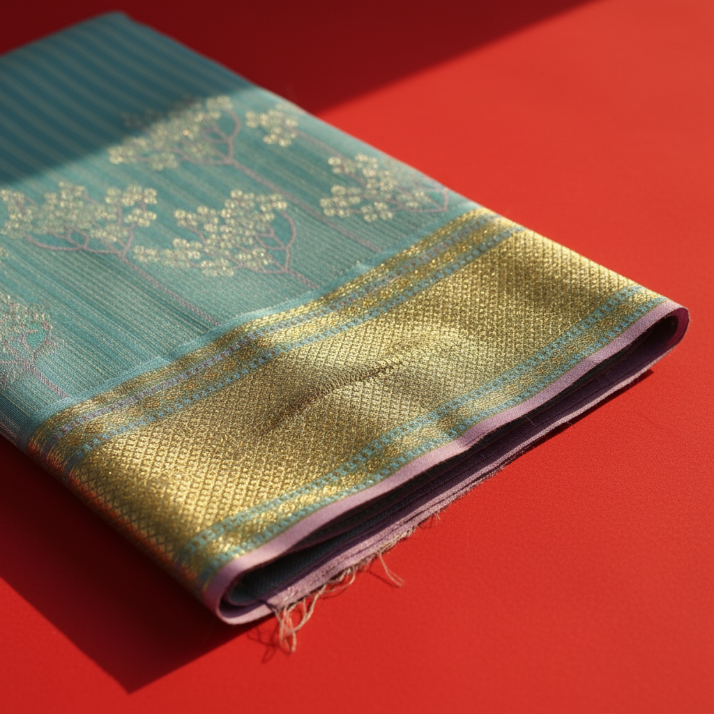 Kuberan Sky Blue with silver Floral Tree Butta & Broad Gold Zari Border Kanchipuram Silk Saree