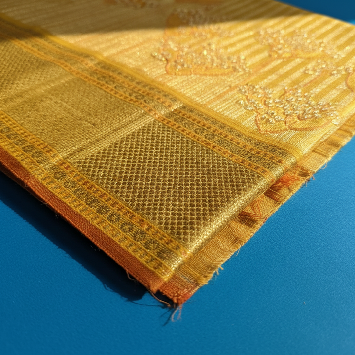 Kuberan Sunshine Yellow with All-Over Gold Zari Pinstripe, Large Floral Tree Butta & Broad Gold Zari Diamond Grid BorderKanchipuram Silk Saree