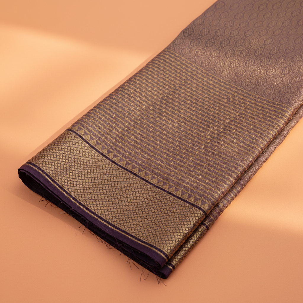 Kuberan Mauve Taupe with All-Over Gold Zari Interlocking Petal & Diamond Lattice Jaal & Broad Self-Colour Gold Zari Basket-Weave Border with Deep Navy Selvedge Kanchipuram Silk Saree