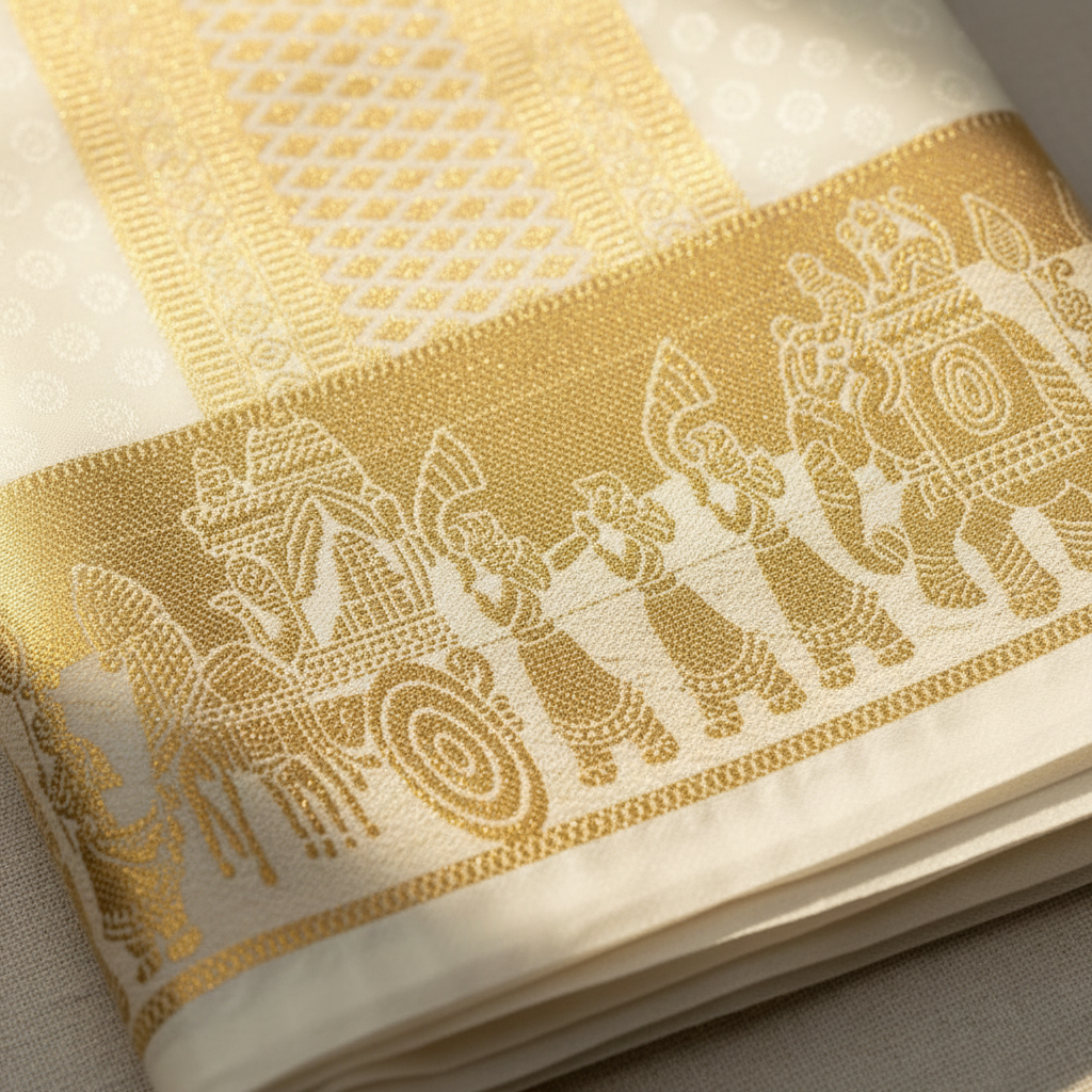 Kuberan Ivory & Gold Elephant Border Mix Silk Dhothi