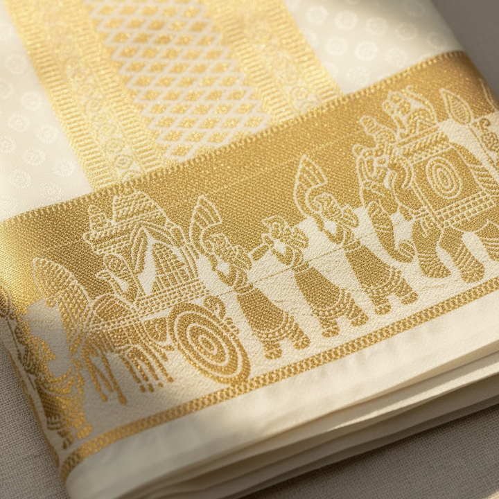 Kuberan Ivory & Gold Elephant Border Mix Silk Dhothi