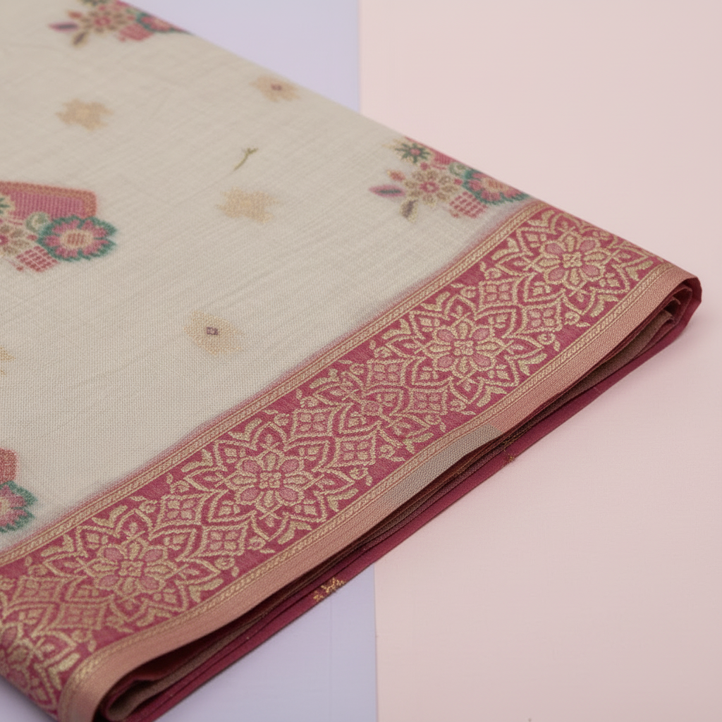 KUBERAN MEENAKARI WHITE COTTON SAREE