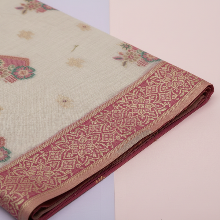 KUBERAN MEENAKARI WHITE COTTON SAREE