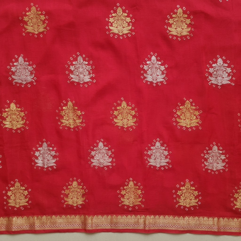 Kuberan Red Chiffon Saree with Metallic Floral Butas