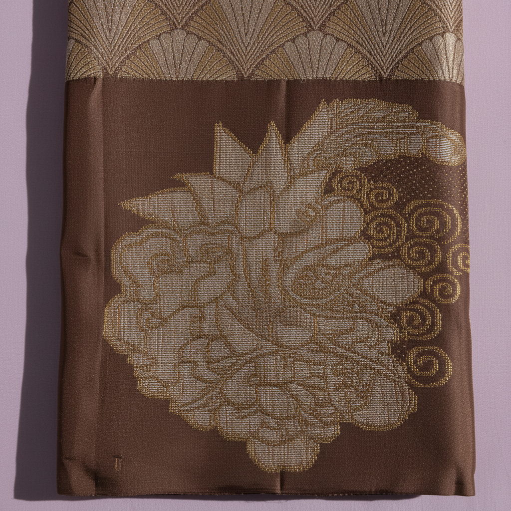 Kuberan  Warm Mocha Brown with All-Over Gold Zari Fan Weave Body & Large Lotus Medallion in border Kanchipuram Silk Saree