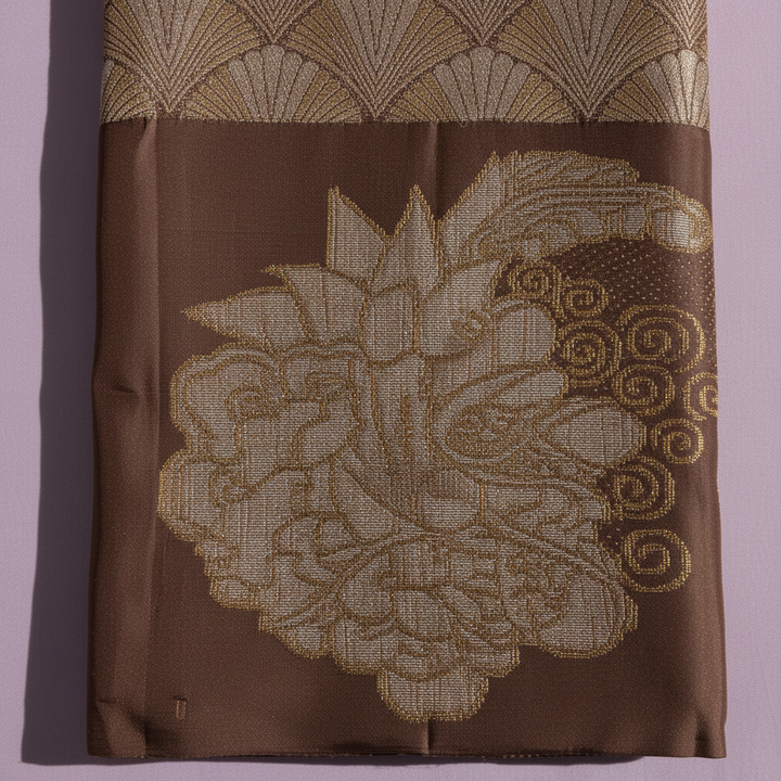 Kuberan  Warm Mocha Brown with All-Over Gold Zari Fan Weave Body & Large Lotus Medallion in border Kanchipuram Silk Saree