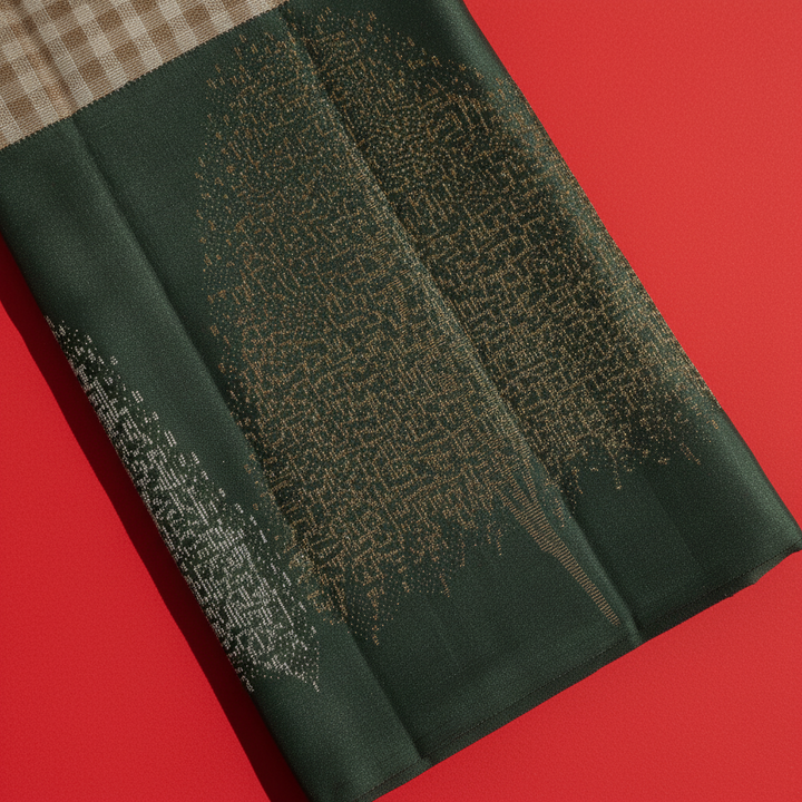 Kuberan Ivory Cream Gingham Check Body with Deep Bottle Green Gold Zari border Kanchipuram Silk Saree