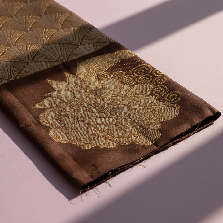 Kuberan  Warm Mocha Brown with All-Over Gold Zari Fan Weave Body & Large Lotus Medallion in border Kanchipuram Silk Saree