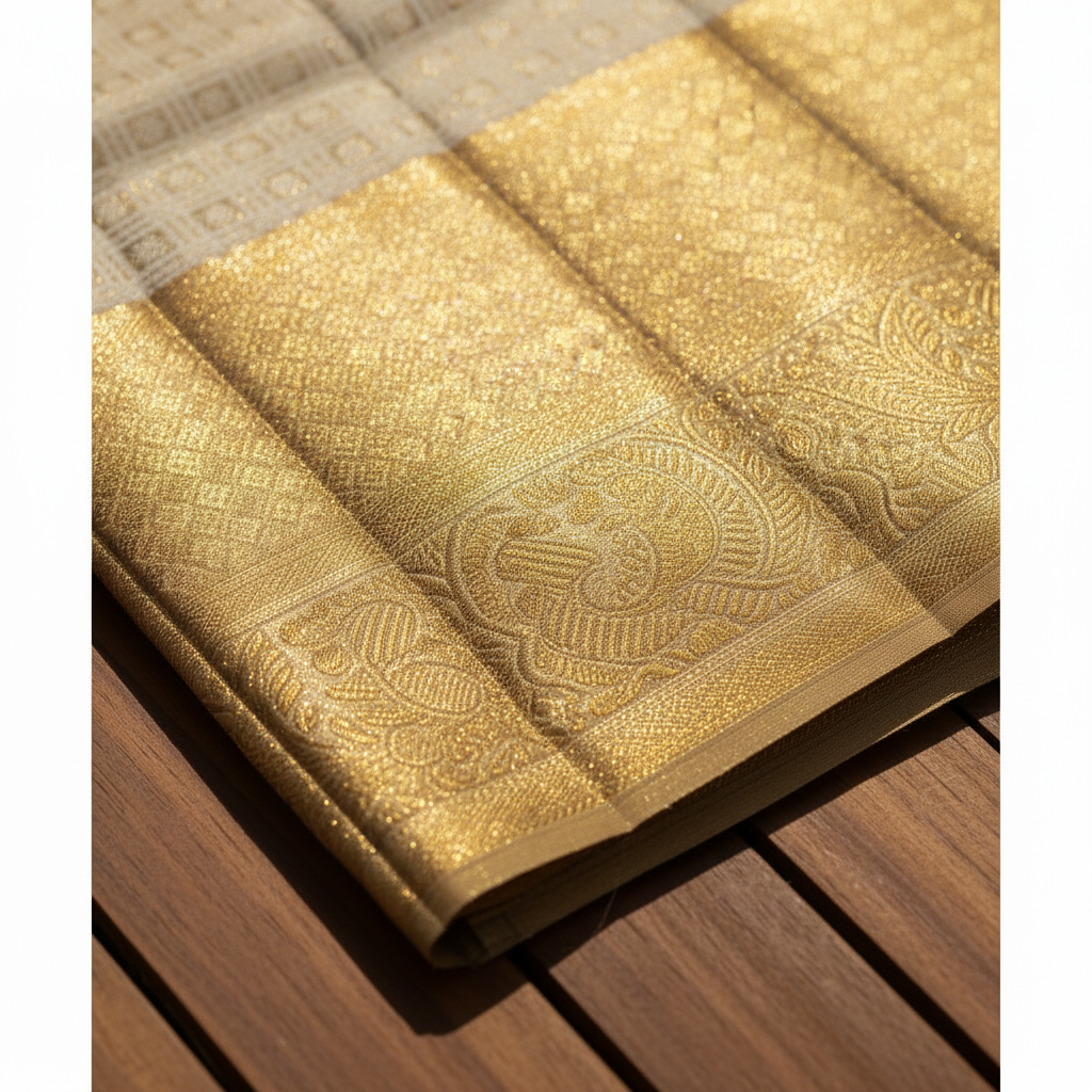 Kuberan Cream Beige Gold Border Kanchipuram Silk Saree