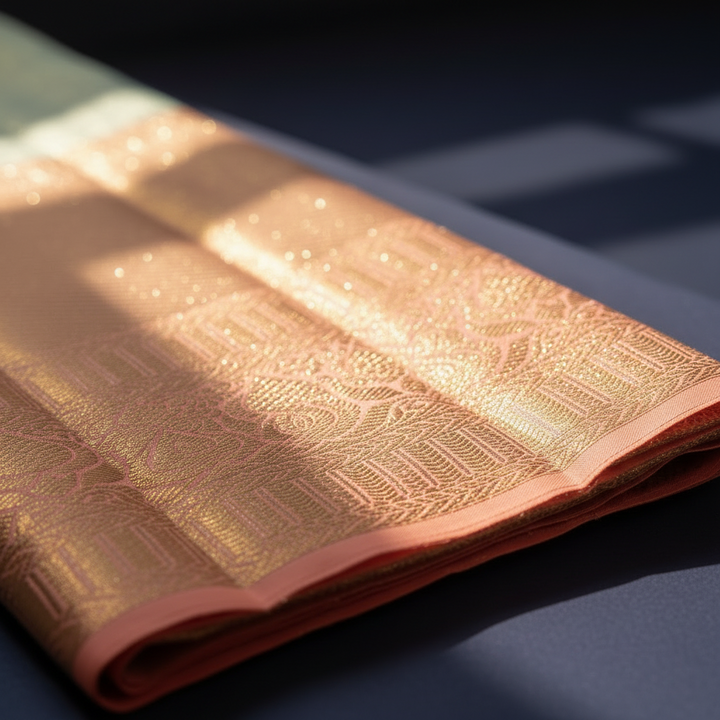 Kuberan Sea Green Peach Border Kanchipuram Silk Saree