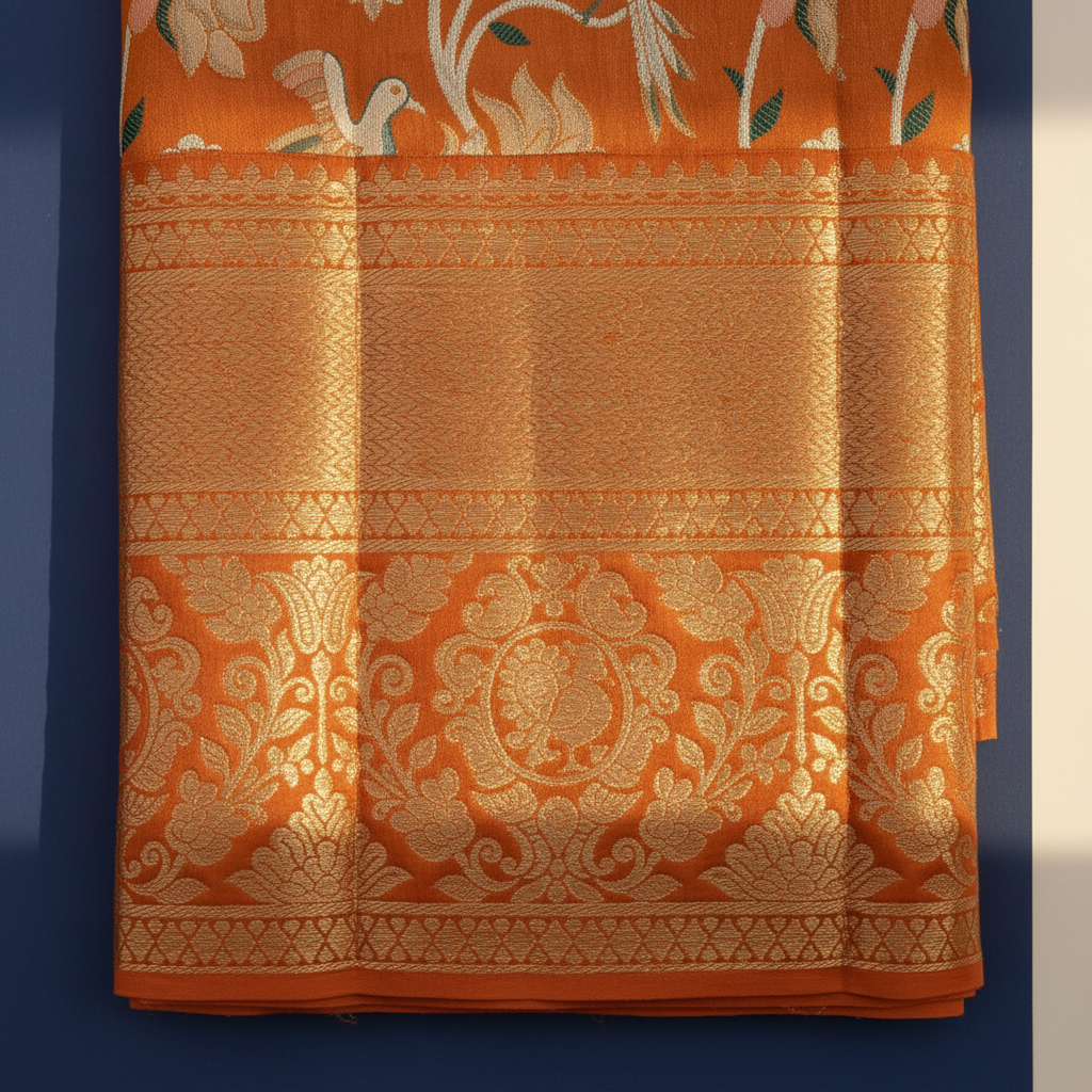 Kuberan Burnt Orange Kanchipuram Silk Saree with White Dove & Floral Vine Weave