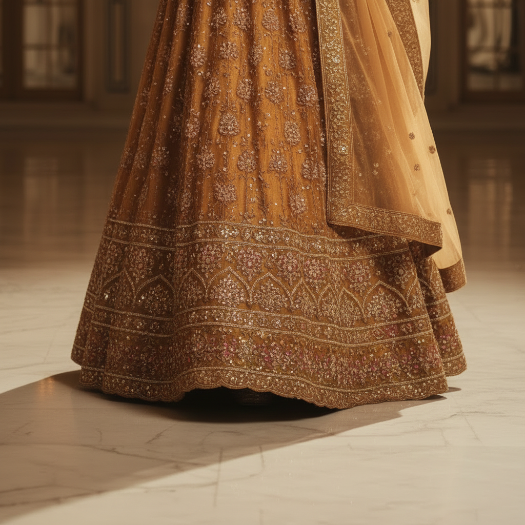 Kuberan Golden Mustard Semi Bridal Lehenga Semi Stitched