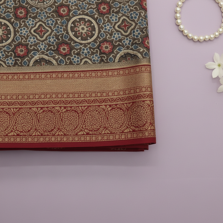 KUBERAN PALE BROWN AJRAKH PRINT SAREE
