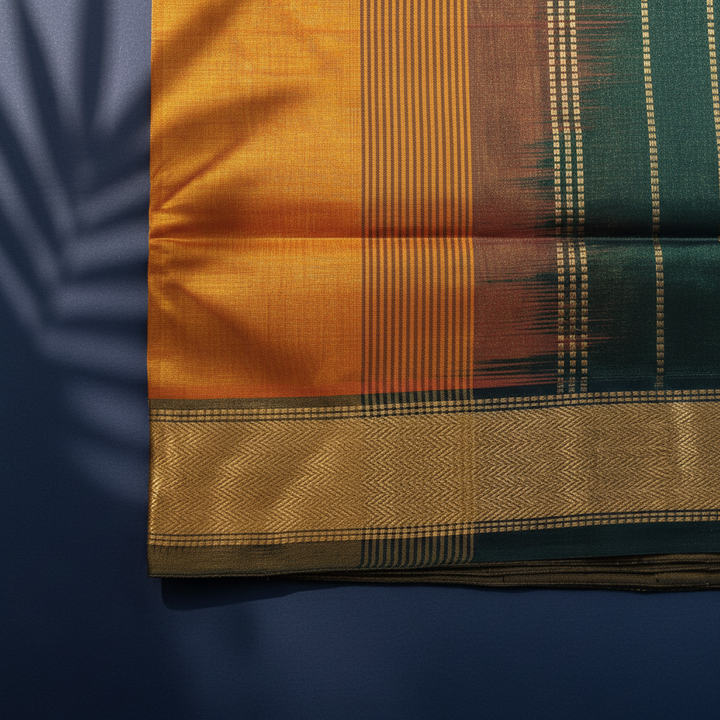 Kuberan Forest Green & Mustard Gold Cotton Silk Saree with Vertical Gold Stripes & Zari Border