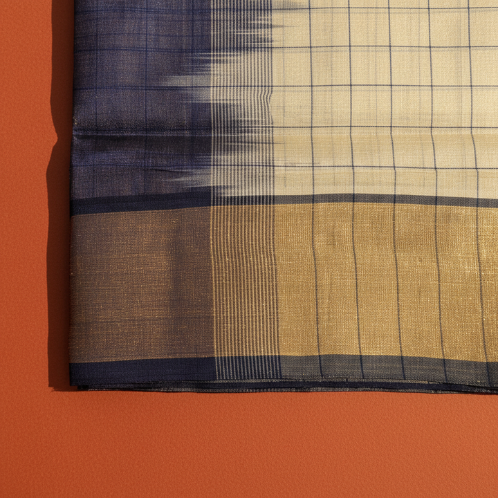 Kuberan  Navy Blue & Ivory Cotton Silk Checks Saree