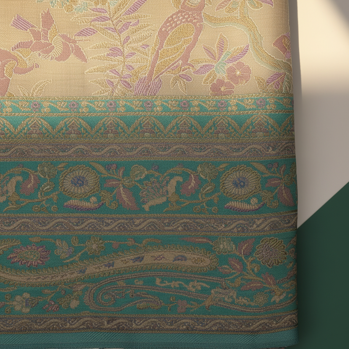 Kuberan Beige Birds Kanchipuram Silk Saree with Green Border
