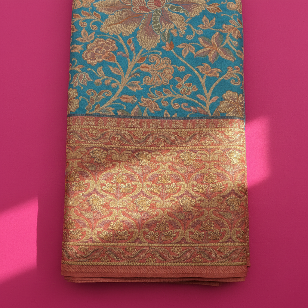 Kuberan Turquoise Kanchipuram Silk Saree with Gold Zari Floral Vine border