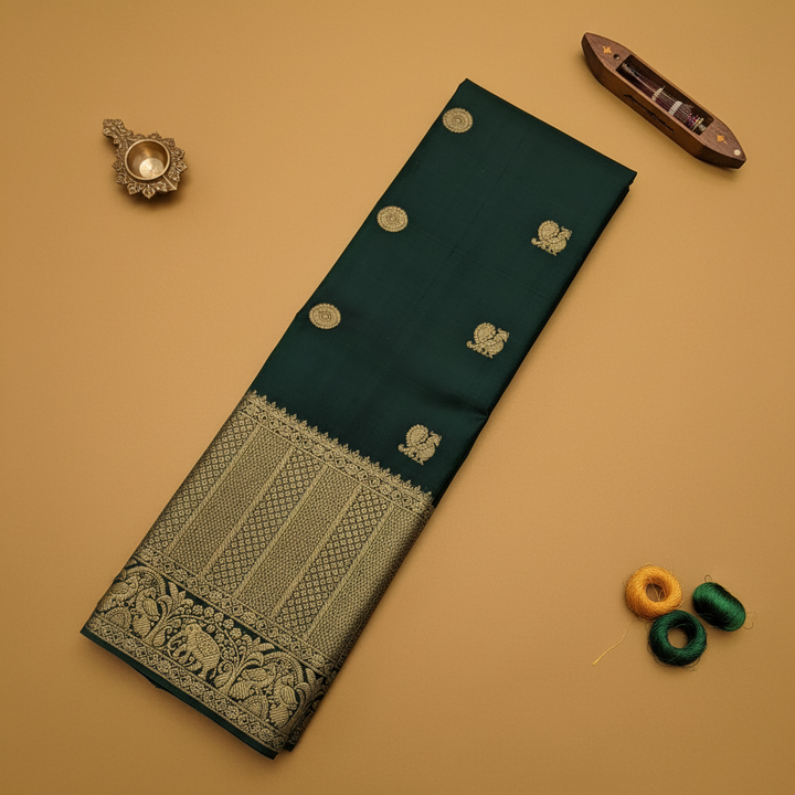 Kuberan Bottle Green with Gold Zari Sunflower & Peacock Buttas  Kanchipuram Silk Saree