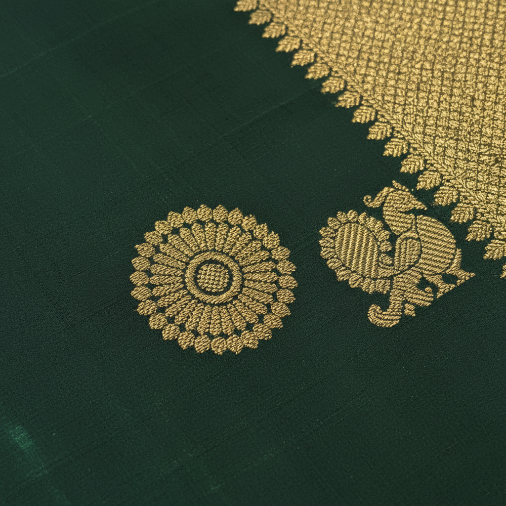 Kuberan Bottle Green with Gold Zari Sunflower & Peacock Buttas  Kanchipuram Silk Saree