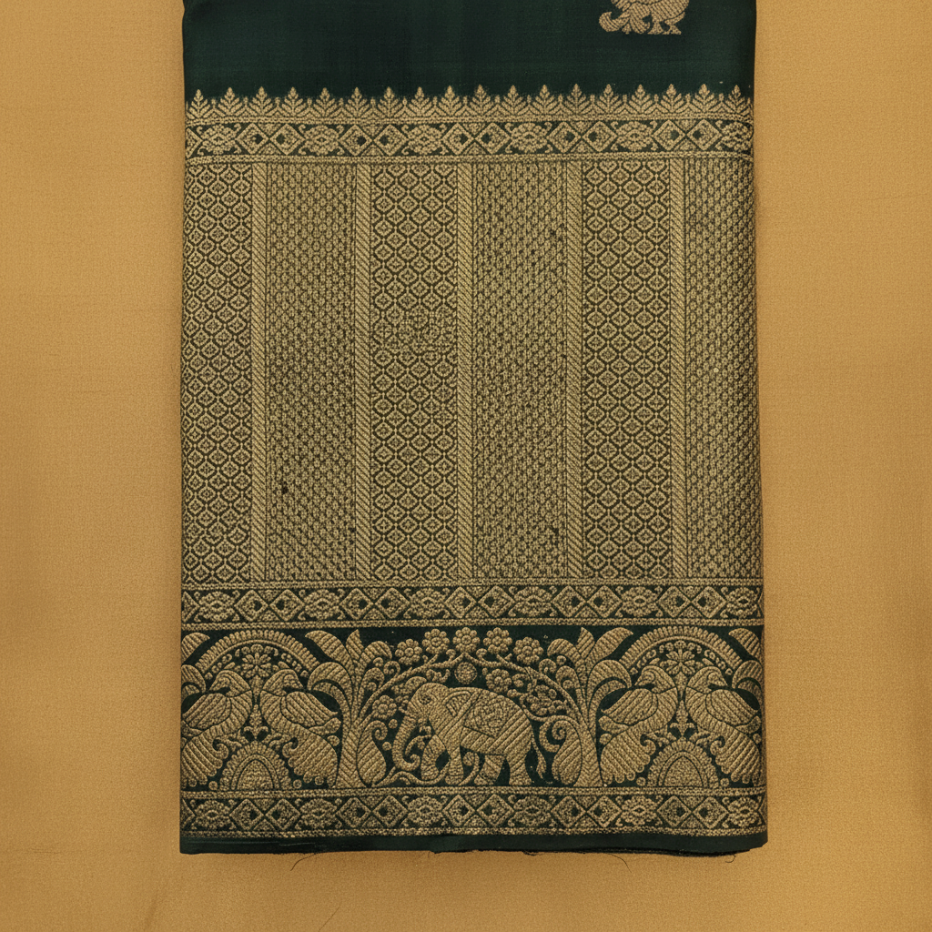 Kuberan Bottle Green with Gold Zari Sunflower & Peacock Buttas  Kanchipuram Silk Saree