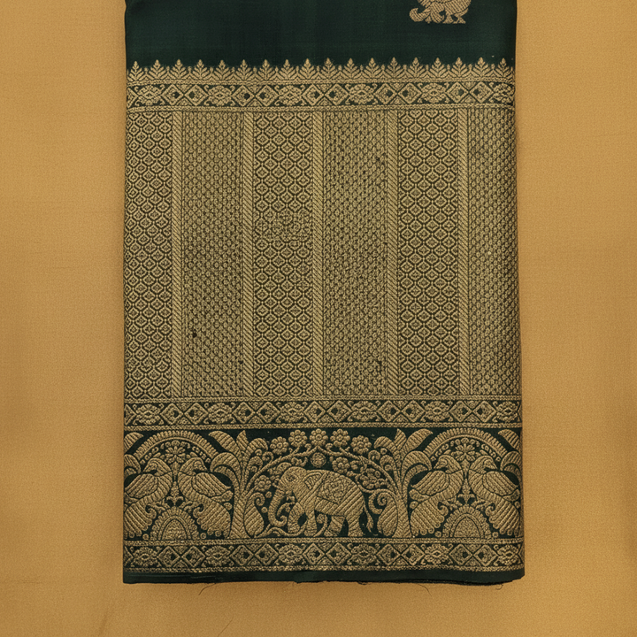 Kuberan Bottle Green with Gold Zari Sunflower & Peacock Buttas  Kanchipuram Silk Saree