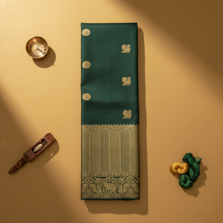 Kuberan Bottle Green with Gold Zari Sunflower & Peacock Buttas  Kanchipuram Silk Saree