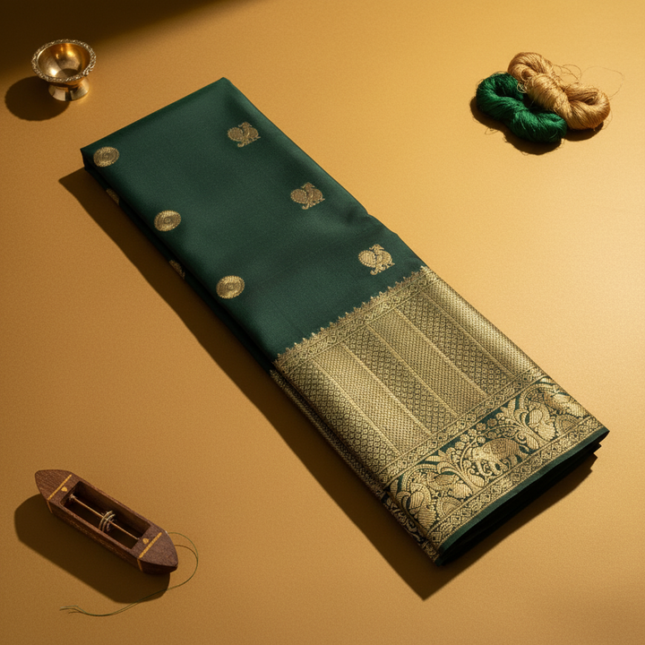 Kuberan Bottle Green with Gold Zari Sunflower & Peacock Buttas  Kanchipuram Silk Saree