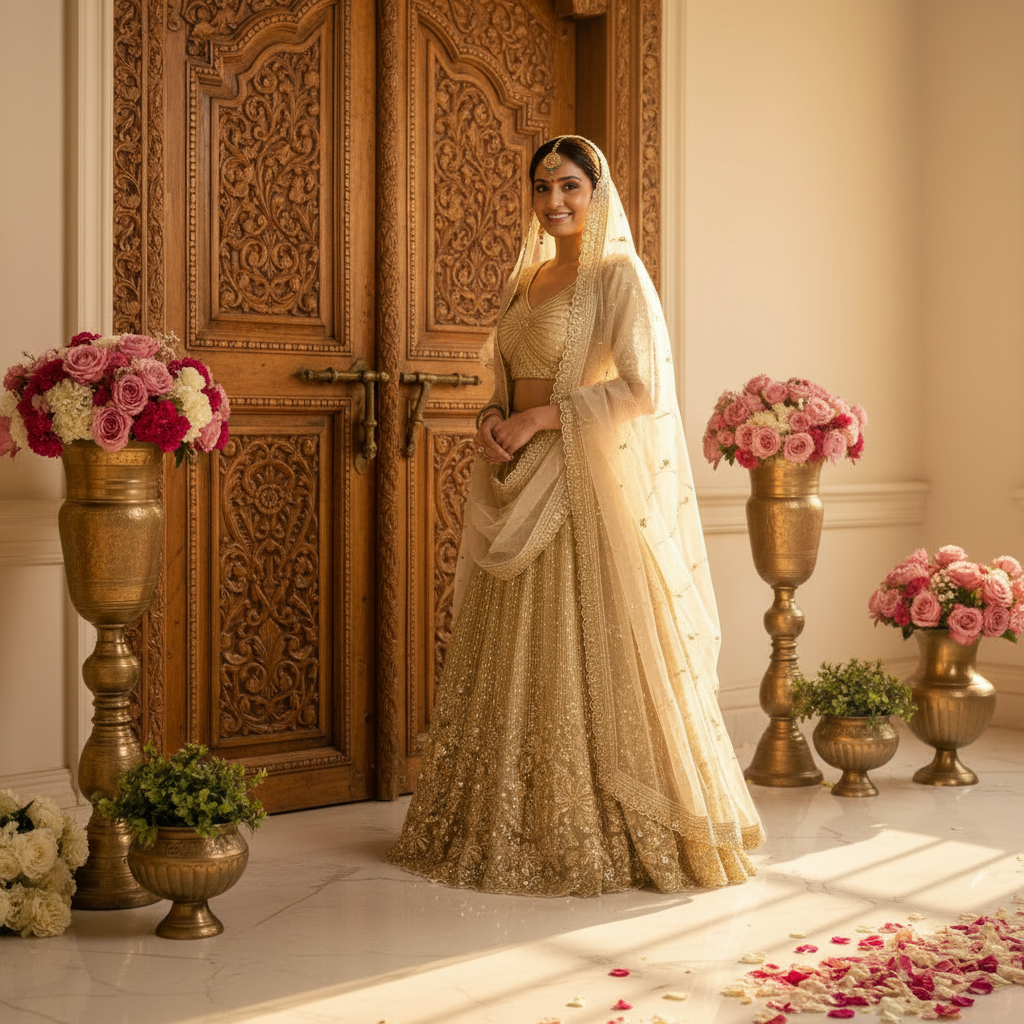Kuberan Ivory Gold Bridal Lehenga Choli with Embroidered Dupatta semistitch