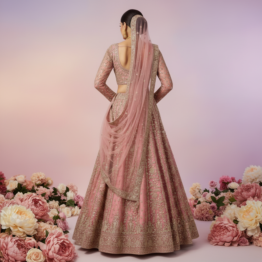 Kuberan Dusty Rose Bridal Lehenga with Full Sleeves Net Choli